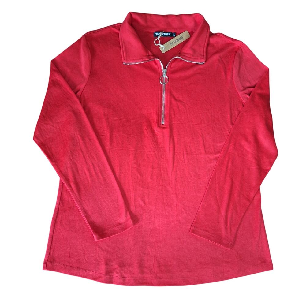 TICTICMISS Red Quarter Zip Pullover Long Sleeve Polo Collared Shirt Women L NWT